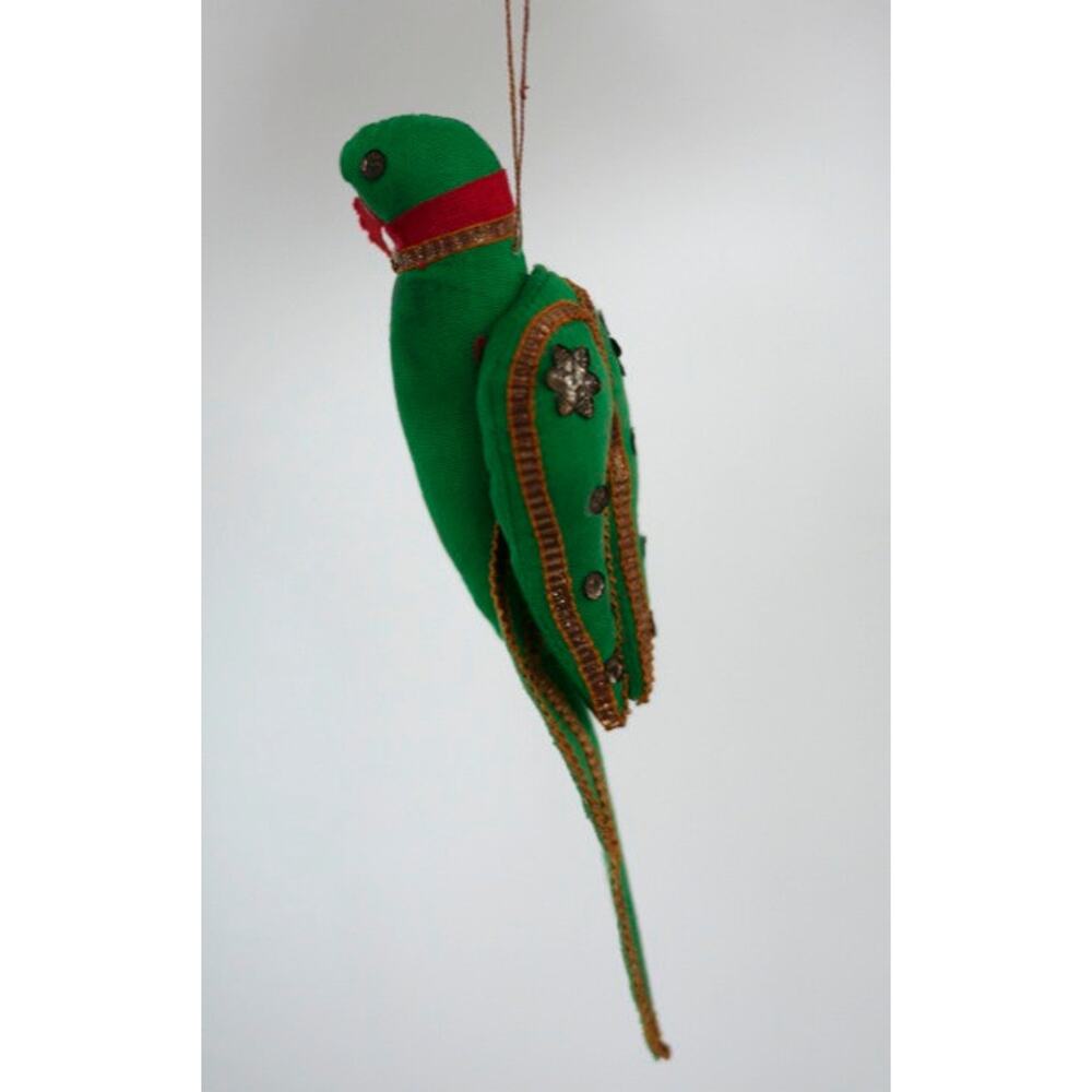 Vintage Handmade India Green Cotton Metal Sparkles Christmas Parrot Ornament